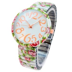 White Rose Floral Large Face Stretch Band Watch